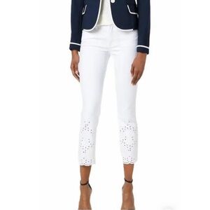 Tory Burch Mateo Scalloped Eyelet Pants White Cropped Mid Rise Floral Size 29